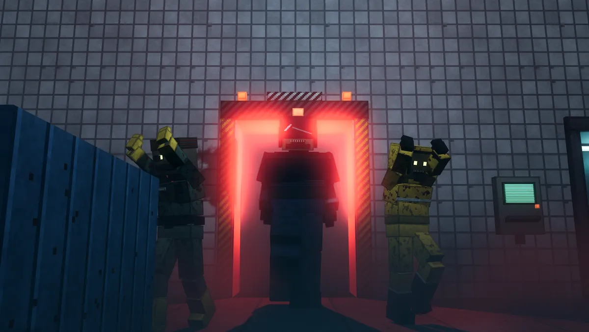 The Warden stepping out of a broken security gate